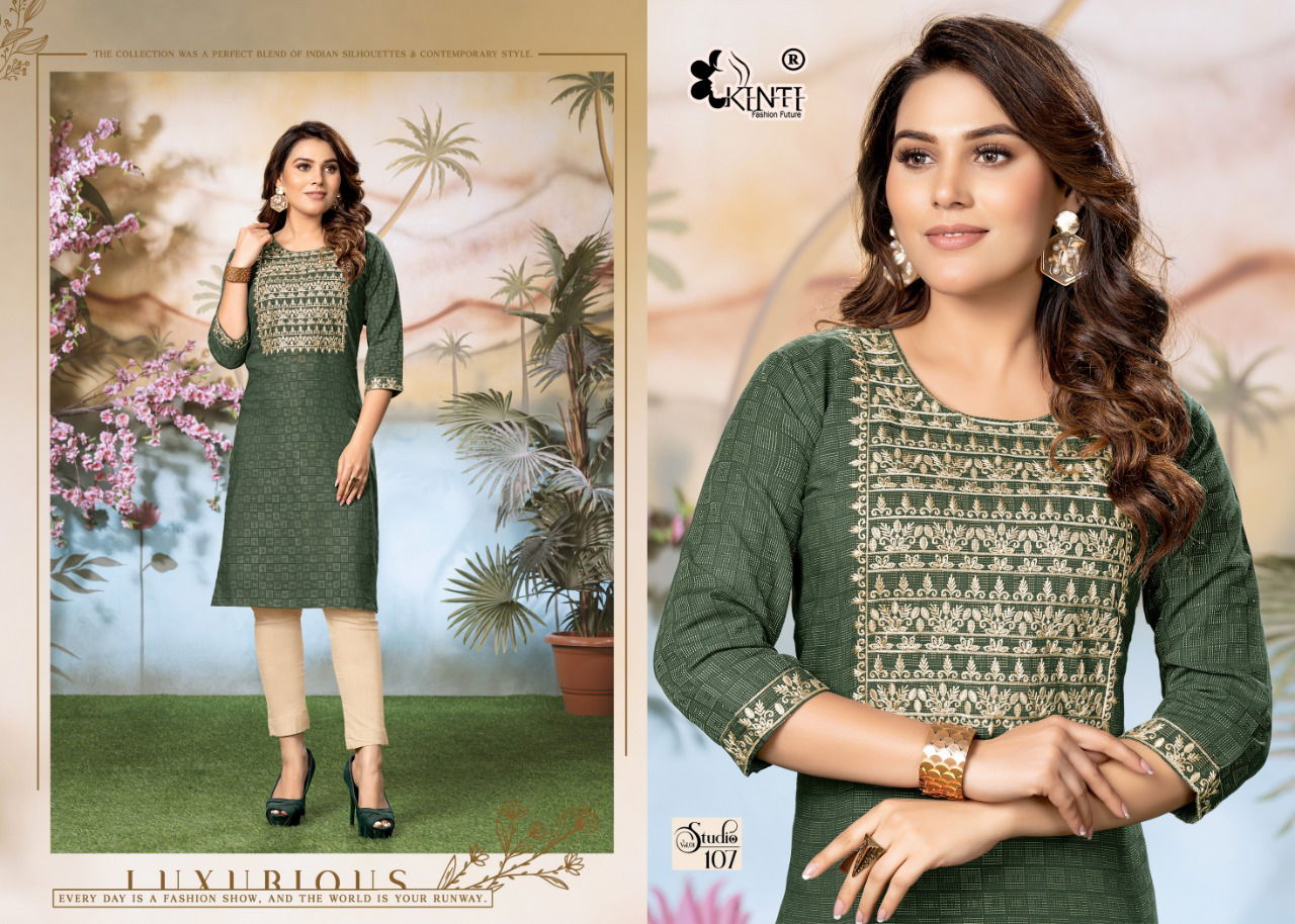 Kinti Studio 1 Fancy Regular Wear Cotton Embroidery Kurti Collection
